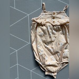 Little Co.|Baby girl tan sleeveless bubble romper,neutral florals-Organic cotton